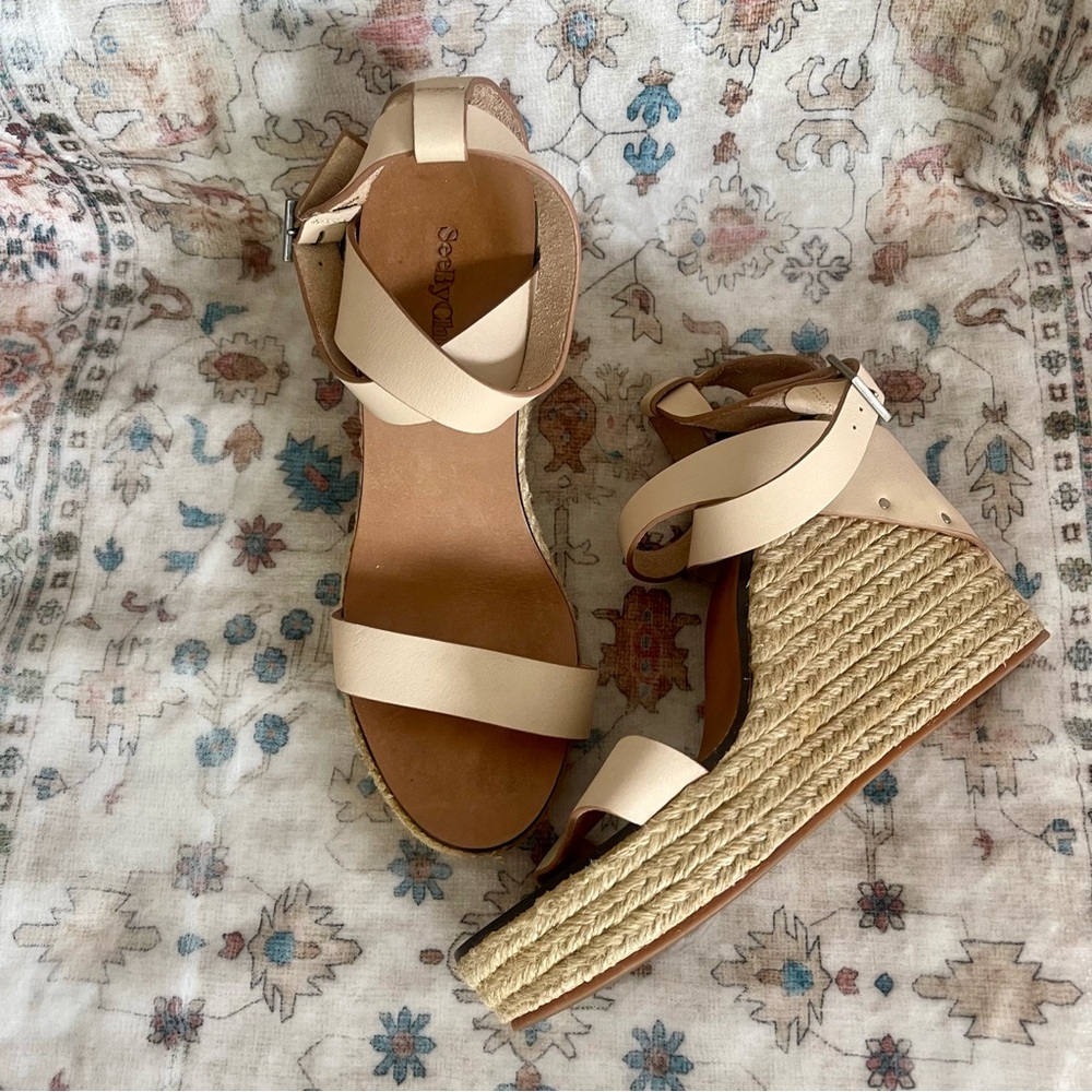 See By Chloe Cream Espadrille Wedge Sandals